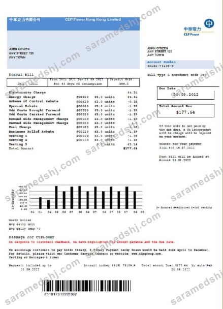 Hong Kong CLP Power Hong Kong Limited utility bill